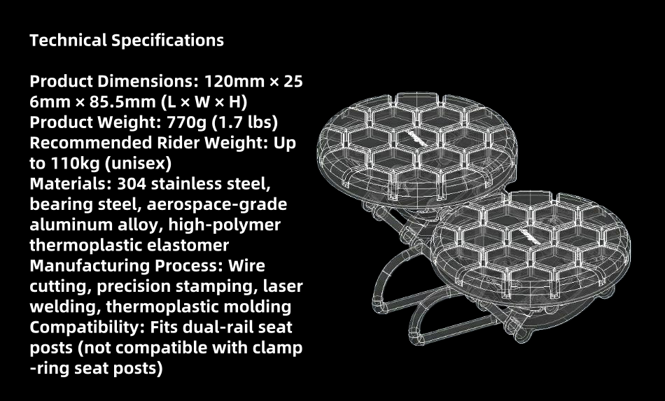 Technical specifications and dimensions of ergonomic noseless bike seat